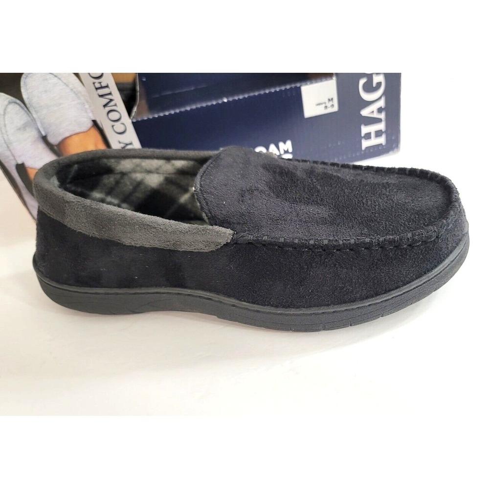 Haggar Slippers Mens Medium 8-9 Black Microsuede Fleece-Lined‎ Venetian $52 NEW